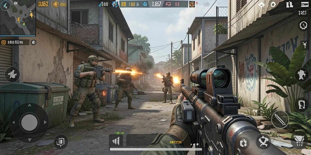 Screenshot gameplay JJ62 menampilkan aksi tembak-menembak yang intens.