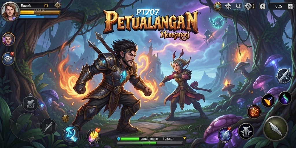 Tampilan gameplay PT707 dengan karakter menjelajahi dunia petualangan.