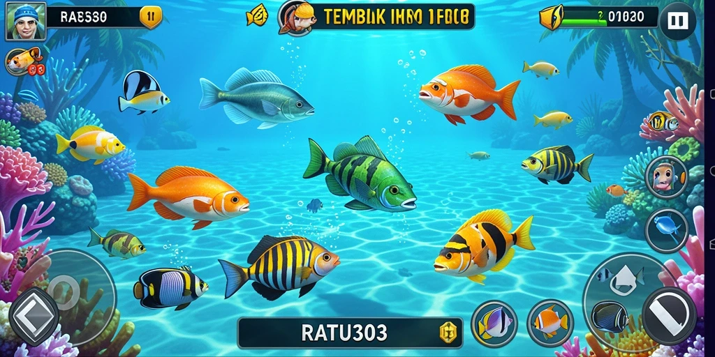 Screenshot gameplay RATU303 menampilkan aksi seru menembak ikan.