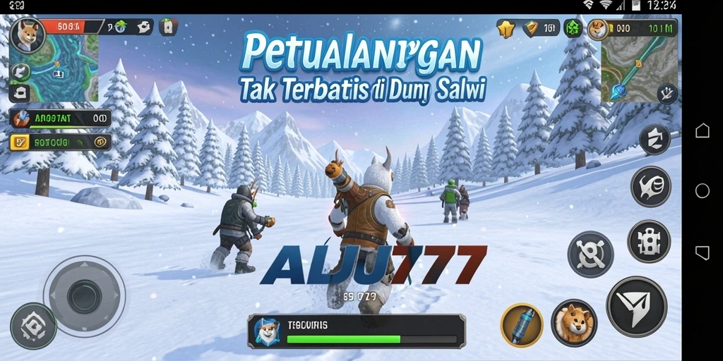 Screenshot gameplay SALJU777 menunjukkan dunia salju yang luas dan menawan.